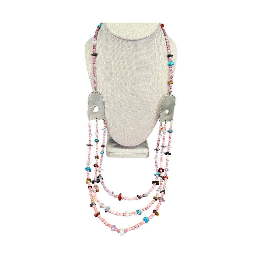 Signed Brutalist Artisan Made Metal and Stone Bead Necklace